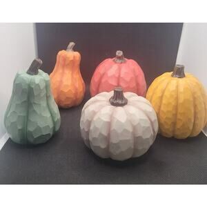 Set of 5 Faux Wood Carved Pumpkins Fall Decor Rustic Farmhouse Autumn